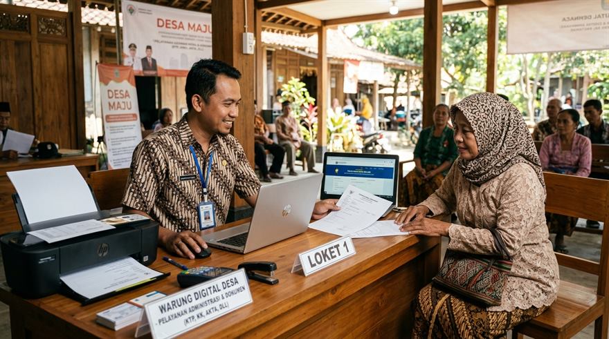Wirausahawan desa melayani warga lokal di loket layanan jasa administrasi dan keuangan digital