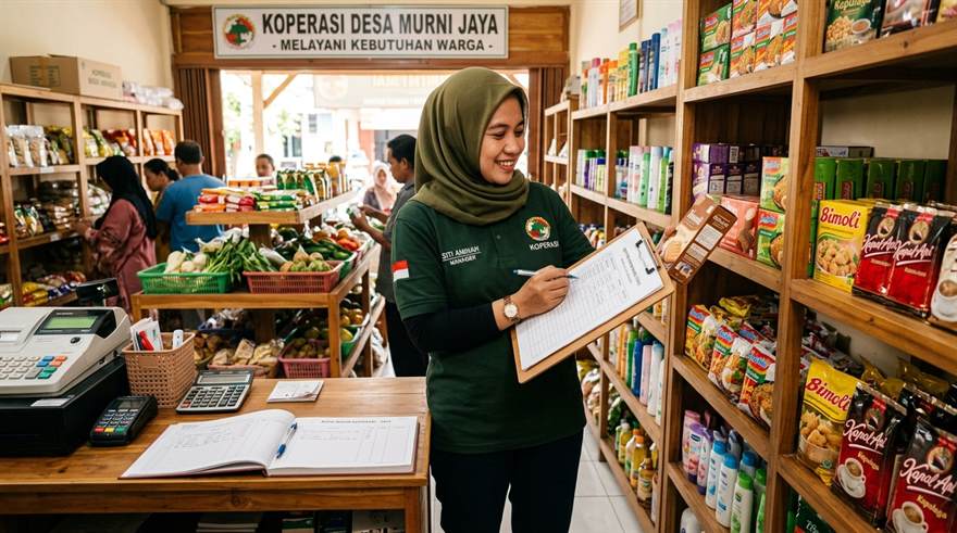 Pengelola unit toko koperasi desa memeriksa kartu stok barang dan buku kasir di depan rak sembako
